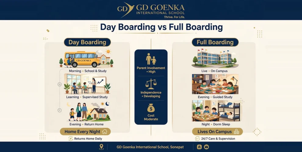 Infographic comparing day boarding and full boarding at GD Goenka Sonepat, from morning classes to evening study and dorm life