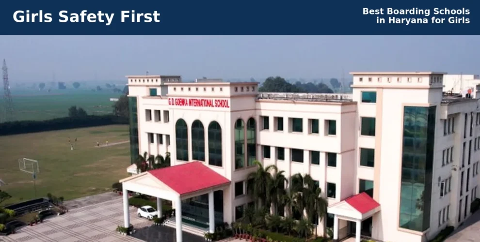 Aerial view of the GD Goenka International School campus in Sonepat, a boarding school in Haryana for girls, showing the academic block and playing field