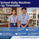 Boarding school daily routine at GD Goenka International School, Sonepat - hour-by-hour timetable from 6:00 am wake-up and physical training to 9:30 pm lights-out, with two students outside the campus building