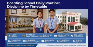 Boarding school daily routine at GD Goenka International School, Sonepat - hour-by-hour timetable from 6:00 am wake-up and physical training to 9:30 pm lights-out, with two students outside the campus building