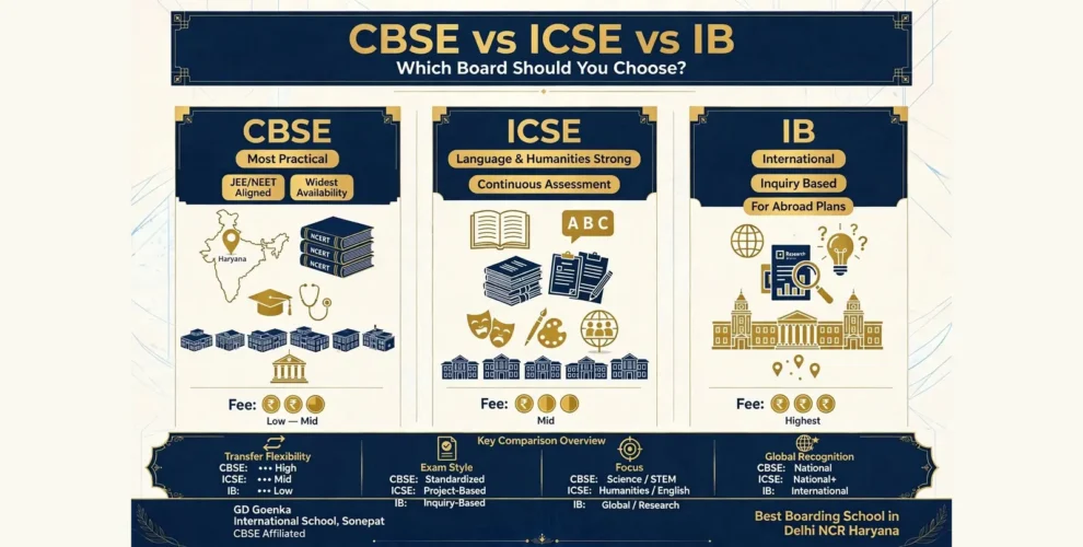 Infographic comparing the CBSE, ICSE and IB boards for Haryana parents on fee level, exam style, subject focus, school availability, transfer flexibility and global recognition