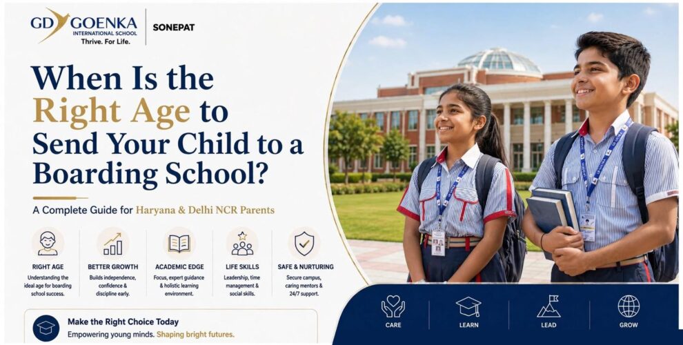 Two GD Goenka International School Sonepat students outside the campus, on a guide to the right age to send a child to boarding school for Haryana and Delhi NCR parents