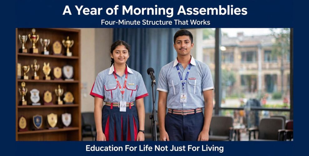 Two GD Goenka International School, Sonepat students presenting at the microphone during a school morning assembly, with the trophy cabinet behind them